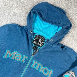 Marmot Mens Full Zip Hoodie S Graphic Logo Patch Blue Hooded Sweatshirt